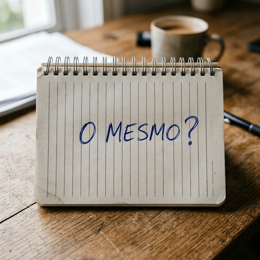 Notepad with the words 'O MESMO' written in blue ink on lined paper